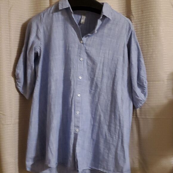 PER SEPTION Petite  WOMEN'S XL TOP BLOUSE Blue white WHITEPRINT 3/4 SLV - Picture 1 of 7